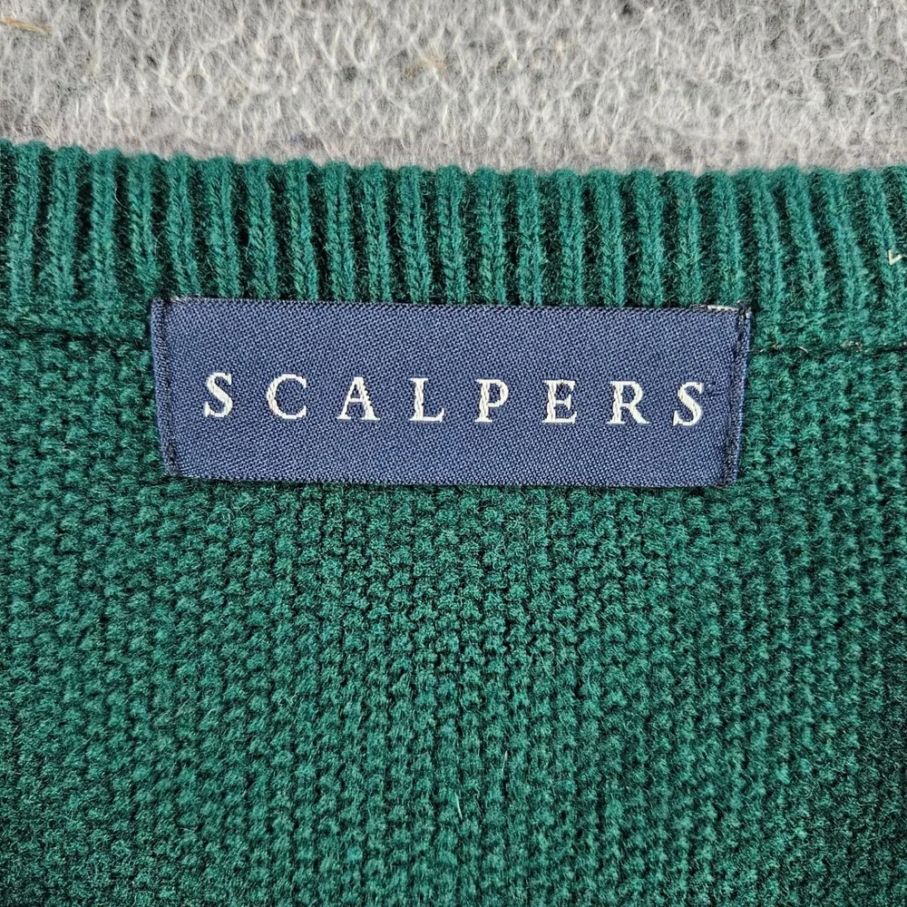 Scalpers Mens Green V-Neck Textured Knit Skull Logo Pullover Sweater Size Large